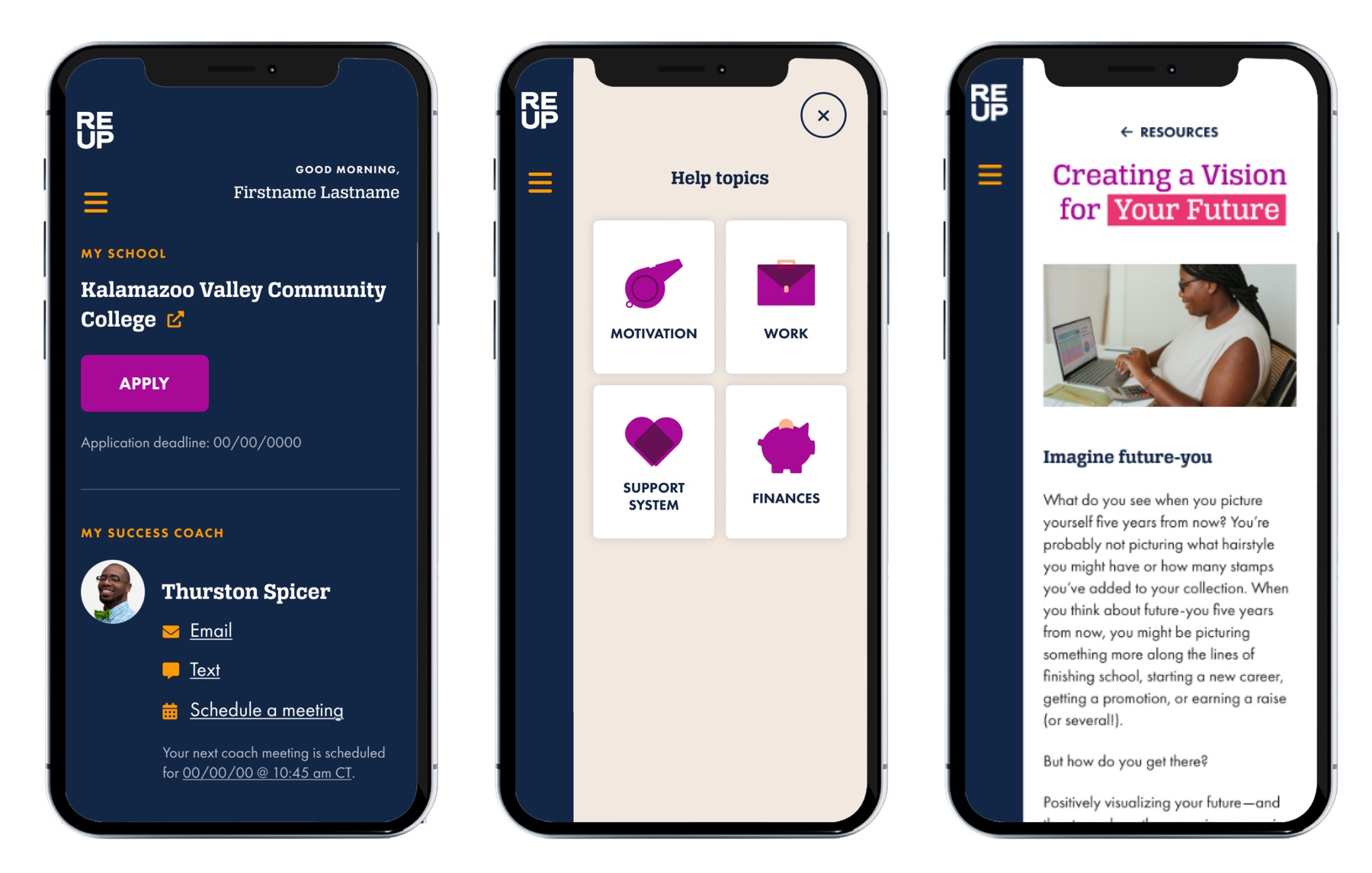 ReUp learner app — student dashboard, help topics, resources